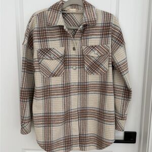 Altar'd State Plaid Jacket in Cream, Brown, and Blue
